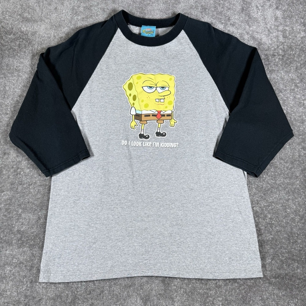 Y2K SpongeBob SquarePants T-Shirt Men's‎ Medium Gray Raglan Sleeve I'm Kidding
